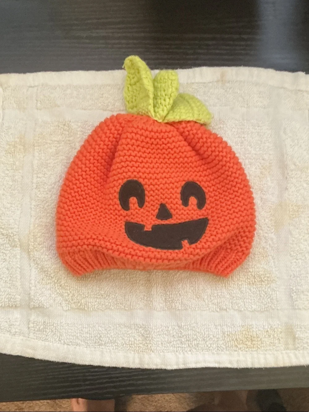 Carter's Orange Pumpkin Knit Hat with Lime Green Leaves One size 3 to 9 months
